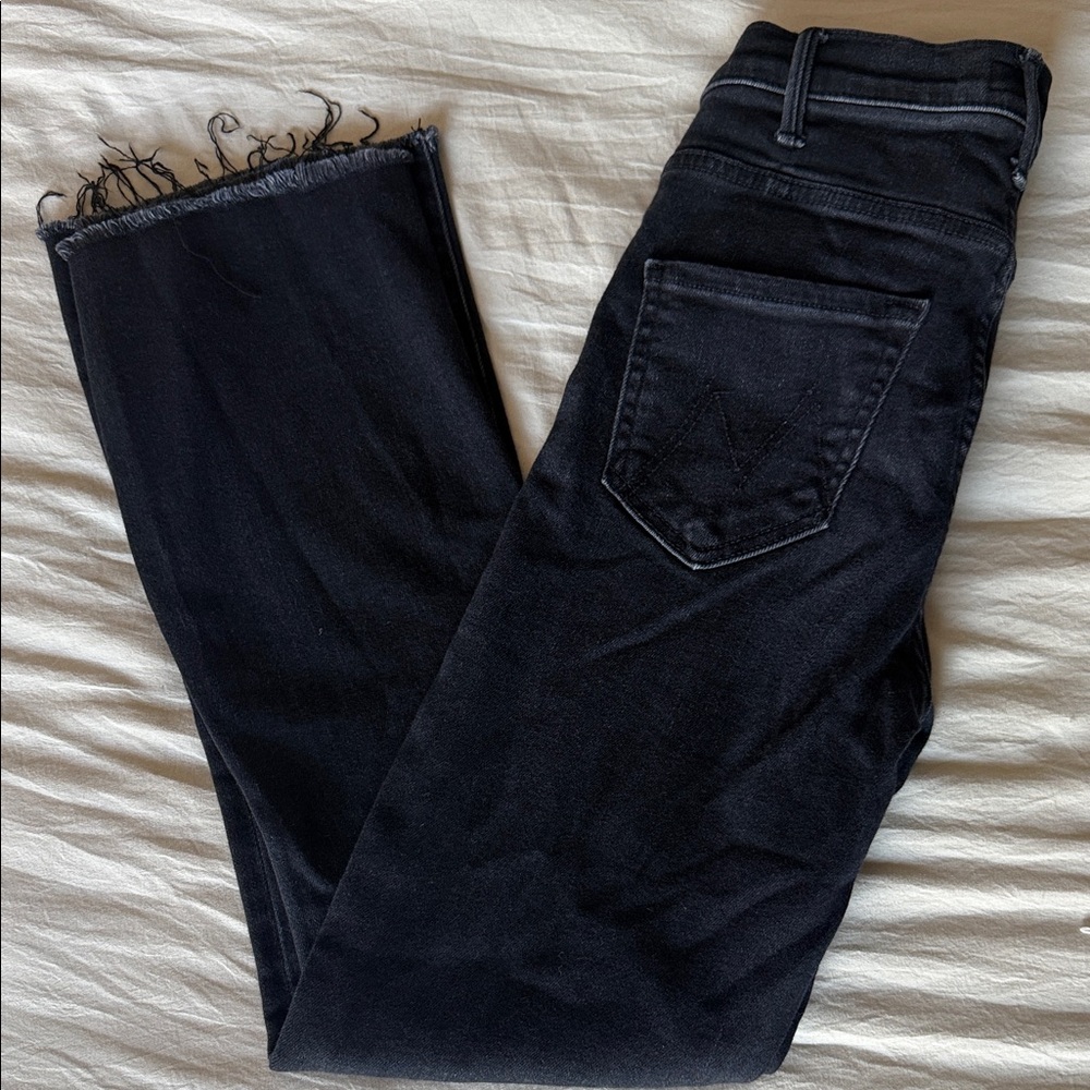 MOTHER Black Coated Logo Waistband Detail. Hustler ankle fray.